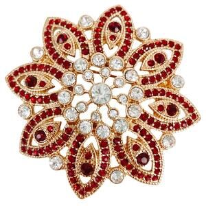 Signed Monet Red Rhinestone Brooch Gold Tone Floral Brooch 70s Flower Jewelry